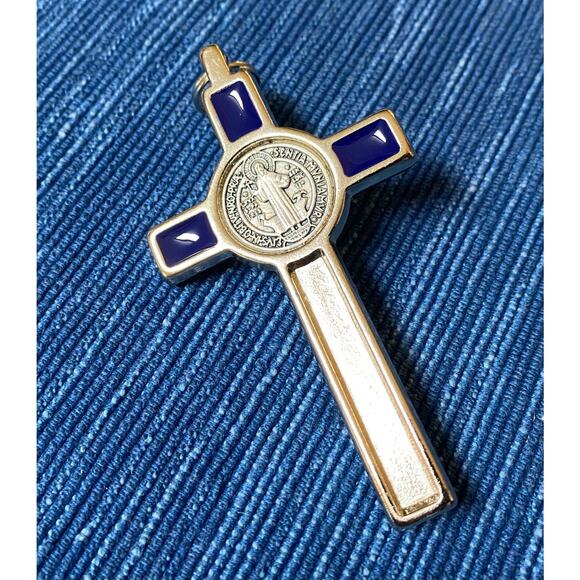 Large 3" St Benedict Crucifix Pendant Blue Enamel Cross Charm Necklace Italy 15B - Picture 3 of 3